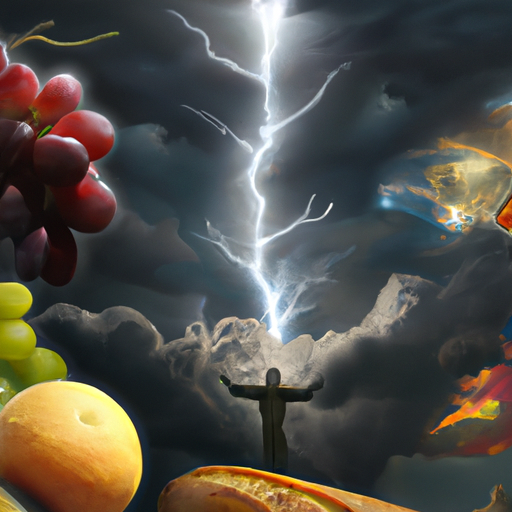 An image of God's Power coming out of Heaven while fruits are falling out of a lightning storm, in a mysterious style artist painting realism